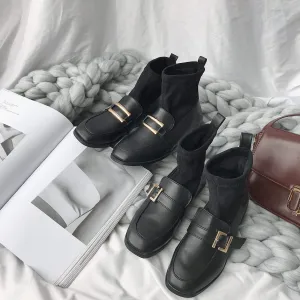 Black Square Buckle Velvet Warm Boots