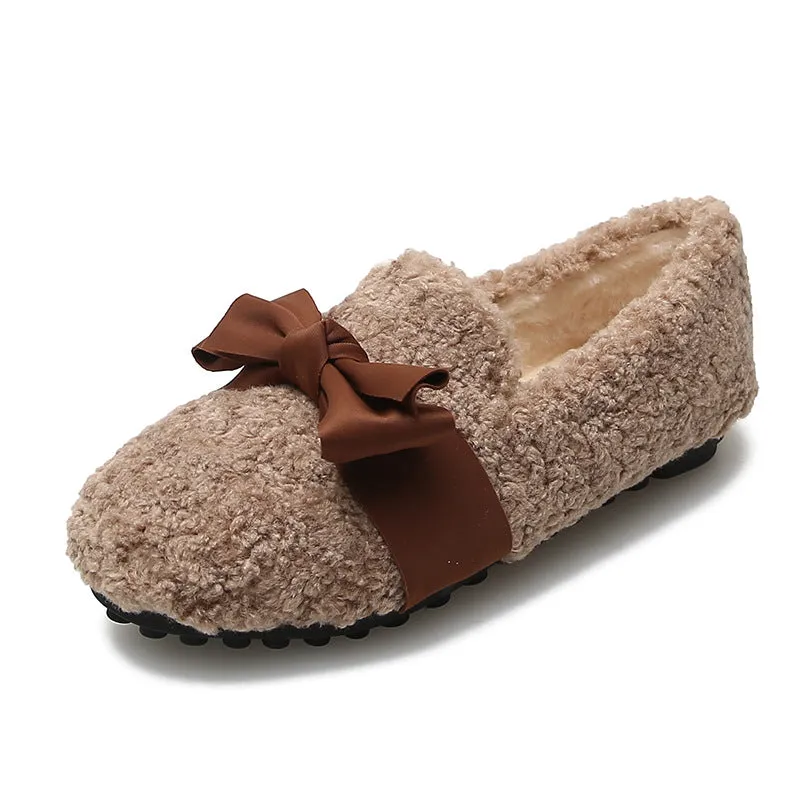 Women Faux-Fur Loafers Bow Winter Warm & Soft Plush Shoes