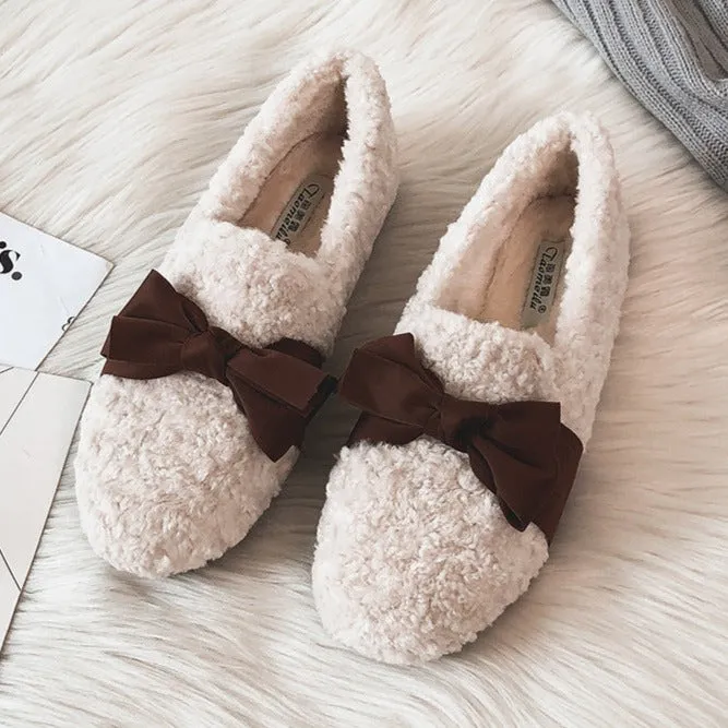 Women Faux-Fur Loafers Bow Winter Warm & Soft Plush Shoes