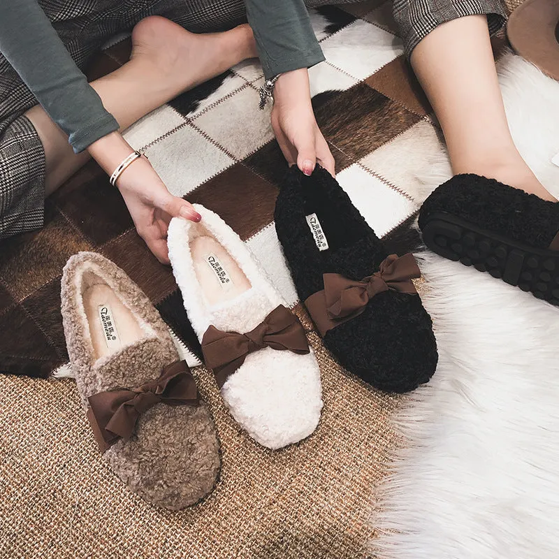 Women Faux-Fur Loafers Bow Winter Warm & Soft Plush Shoes