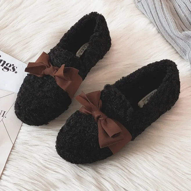 Women Faux-Fur Loafers Bow Winter Warm & Soft Plush Shoes