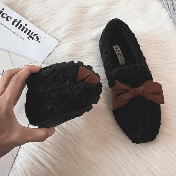 Women Faux-Fur Loafers Bow Winter Warm & Soft Plush Shoes