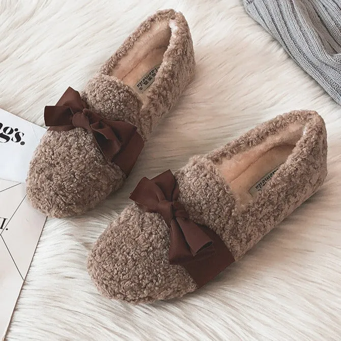 Women Faux-Fur Loafers Bow Winter Warm & Soft Plush Shoes