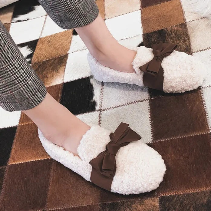 Women Faux-Fur Loafers Bow Winter Warm & Soft Plush Shoes